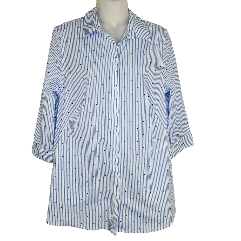 Chico's Womens Easy Cotton Pocket Tunic Dot Stripe 3/4 Sleeve Blue 4/6 No Iron